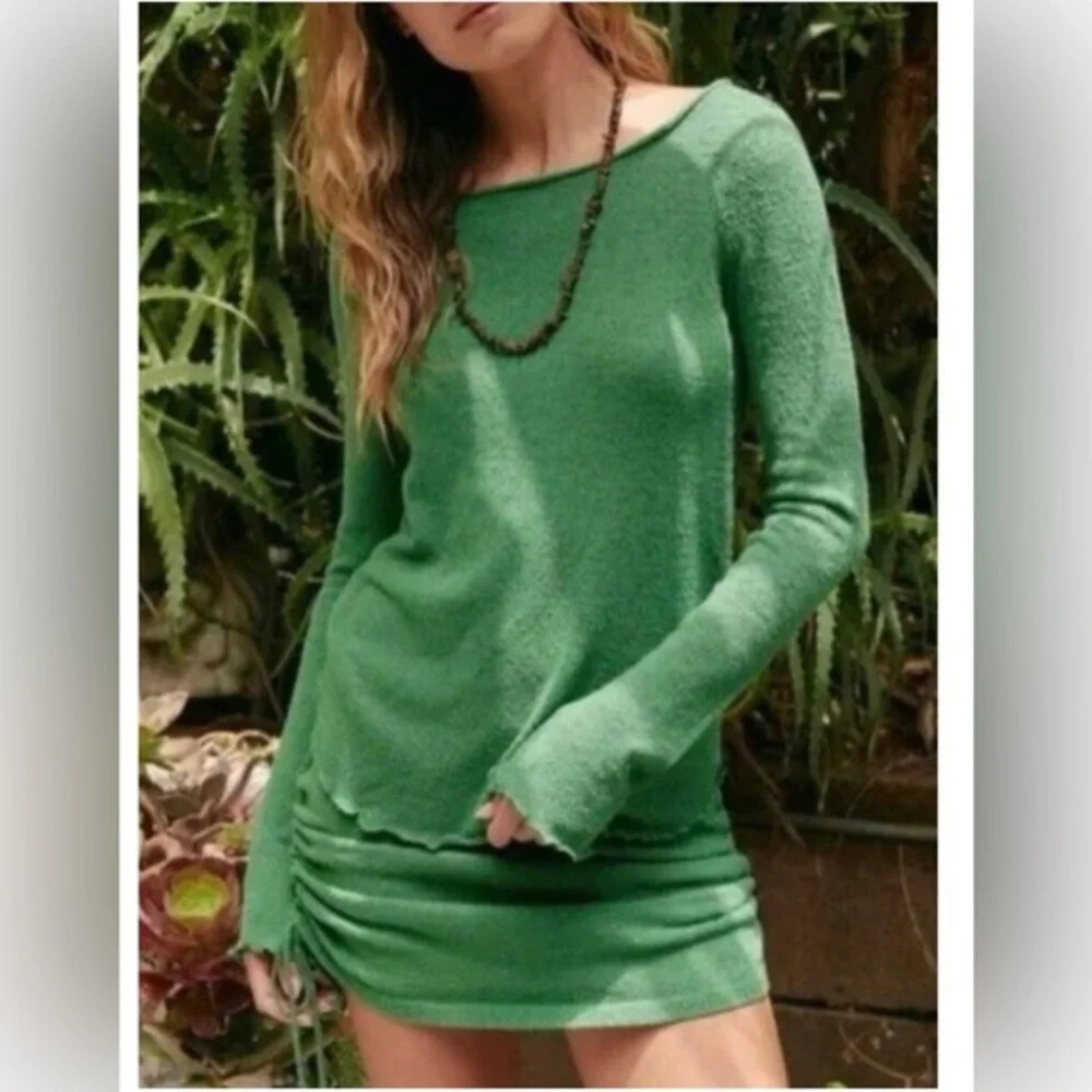 Free People FP beach Cabo green sweater knit lettuce‎ hem top and skirt set new
